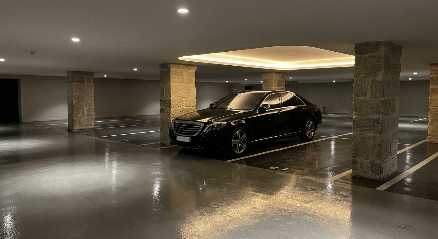 Mercedes noire lavée à la main dans un parking souterrain Paris