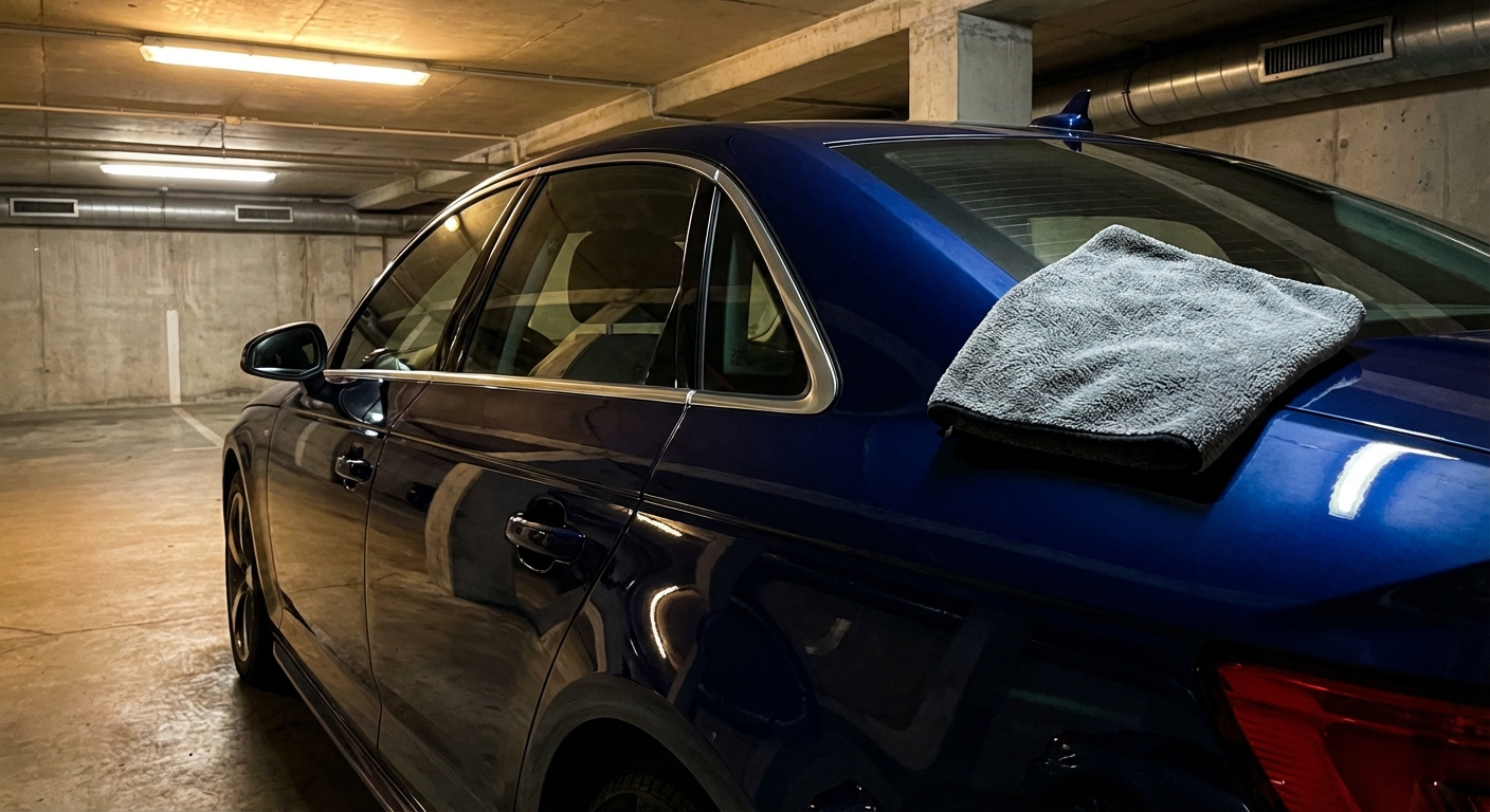Audi A4 bleue lustrée dans un parking parisien